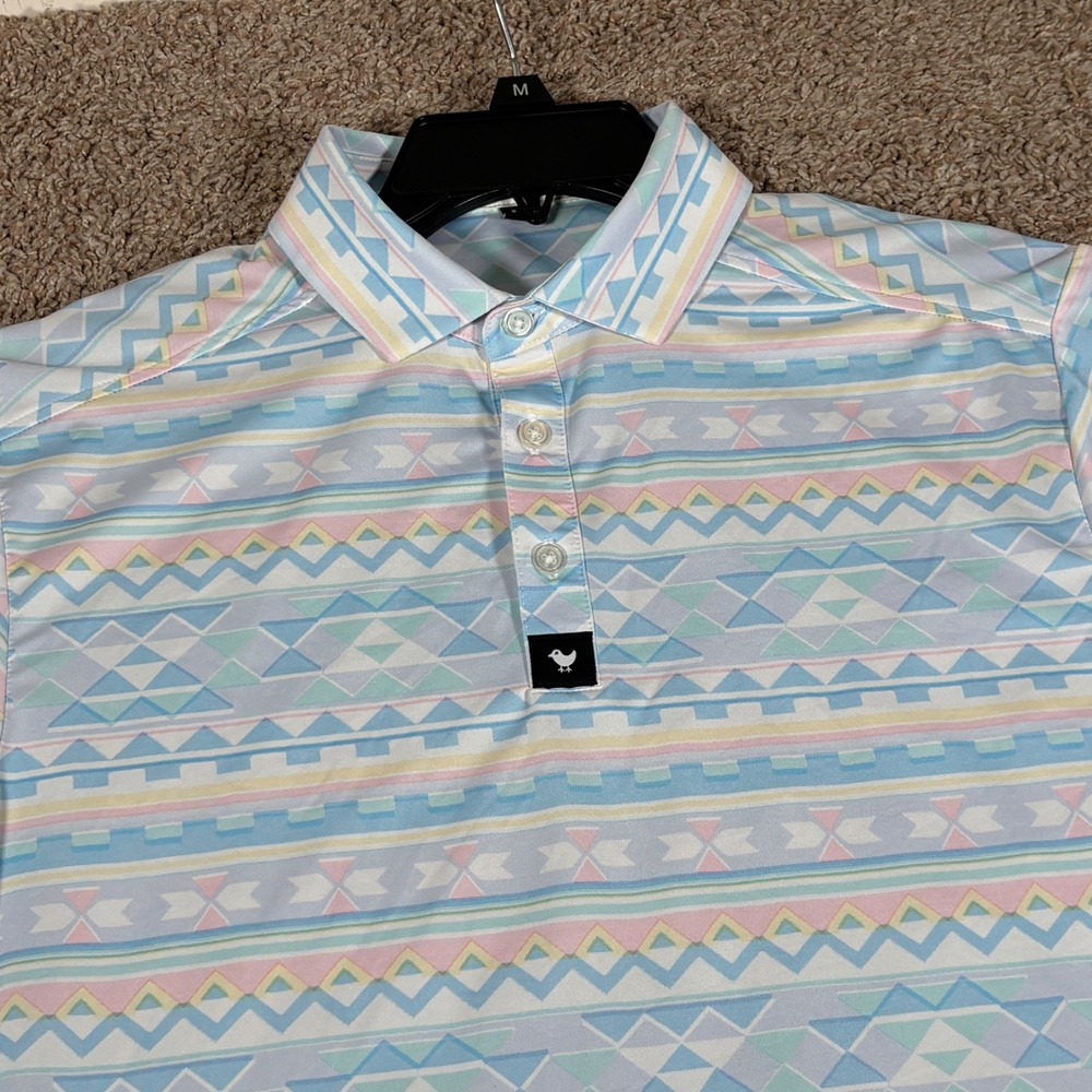 Bad Birdie Mens Small S Geometric Pastel Southwestern Golf Polo Shirt Blue Pink